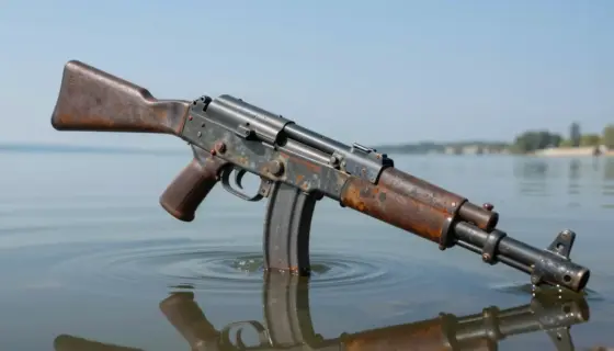 A dramatic scene showing a rusted, vintage military-style submachine gun (Vérszomjas gyilkológép) partially submerged in the calm waters of Lake Balaton, with clear blue sky and distant shoreline visible, emphasizing the discovery of the weapon in the lake
