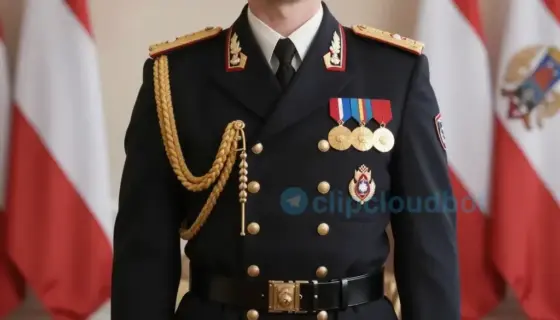 A formal portrait of a Hungarian police captain (rendőrfőkapitány) from Borsod-Abaúj-Zemplé county, depicted in a dignified 19th-century style uniform with medals and insignia, standing in a stately government office with Hungarian flags and official documents, conveying authority and leadership