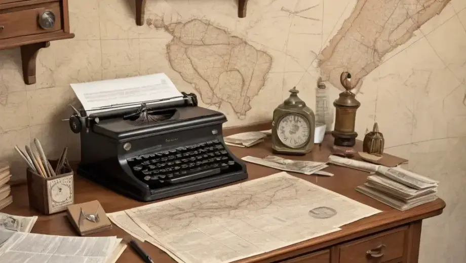 A vintage newspaper editor's desk in Southern Hungary, featuring an old-fashioned wooden desk with scattered papers, a fountain pen, an inkwell, and a typewriter, with a backdrop of a 1950s Hungarian newspaper office showing maps of the region and a wall clock, all rendered in a detailed illustration style