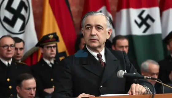 A historical scene depicting Hungarian Prime Minister Miklós Horthy (Putyin) speaking in 1939, with a backdrop of Nazi Germany and Hungary flags, showing a serious expression while addressing a crowd in a formal setting