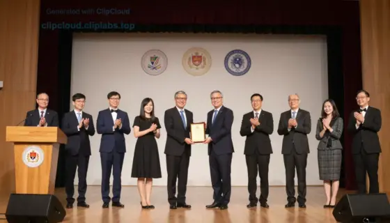 A formal award ceremony where individuals are receiving their awards in a grand hall. The scene should include a stage with a podium, a backdrop with official emblems or logos, and a group of people dressed in formal attire. The atmosphere should be celebratory with people clapping and smiling. The setting should be well-lit with a professional ambiance.