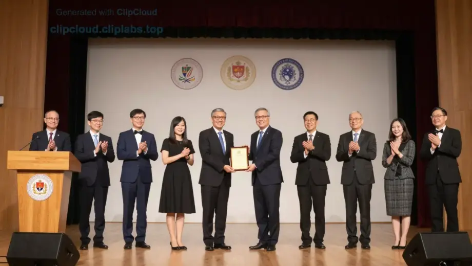 A formal award ceremony where individuals are receiving their awards in a grand hall. The scene should include a stage with a podium, a backdrop with official emblems or logos, and a group of people dressed in formal attire. The atmosphere should be celebratory with people clapping and smiling. The setting should be well-lit with a professional ambiance.