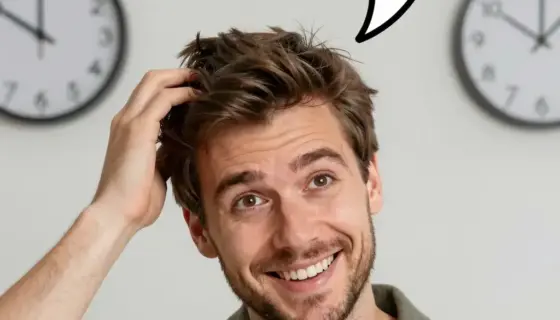 A young man with short brown hair and a friendly smile, wearing a casual shirt, looking confused and scratching his head, with a speech bubble containing Hungarian text that translates to 'Dear István! I don't know what it sounded like and when', set against a simple background with a clock showing a specific time