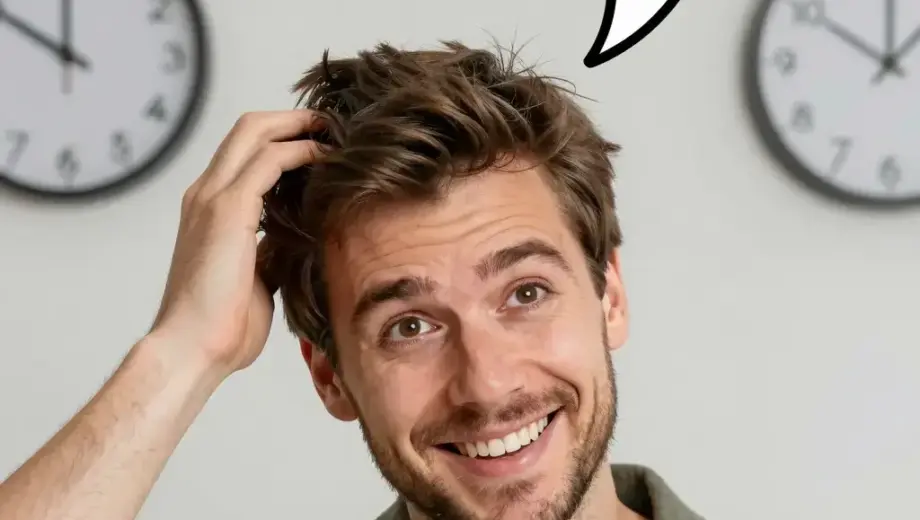 A young man with short brown hair and a friendly smile, wearing a casual shirt, looking confused and scratching his head, with a speech bubble containing Hungarian text that translates to 'Dear István! I don't know what it sounded like and when', set against a simple background with a clock showing a specific time