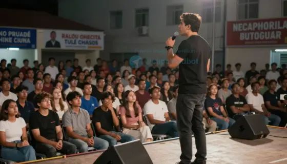 A powerful speaker standing on a stage, delivering a final speech to a large audience. The speaker is holding a microphone and appears to be very passionate and intense. The audience is seated in rows, with some people standing and listening attentively. The stage is well-lit, and there are banners or posters in the background with motivational or political messages. The atmosphere is tense and emotional, with some audience members showing signs of frustration or disagreement.