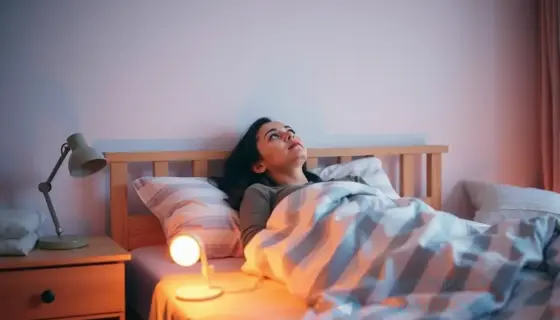 A cozy bedroom interior with a woman lying in bed, looking at the ceiling, soft warm lighting, nightstand with a lamp, subtle details of home comfort, no text or words in the image