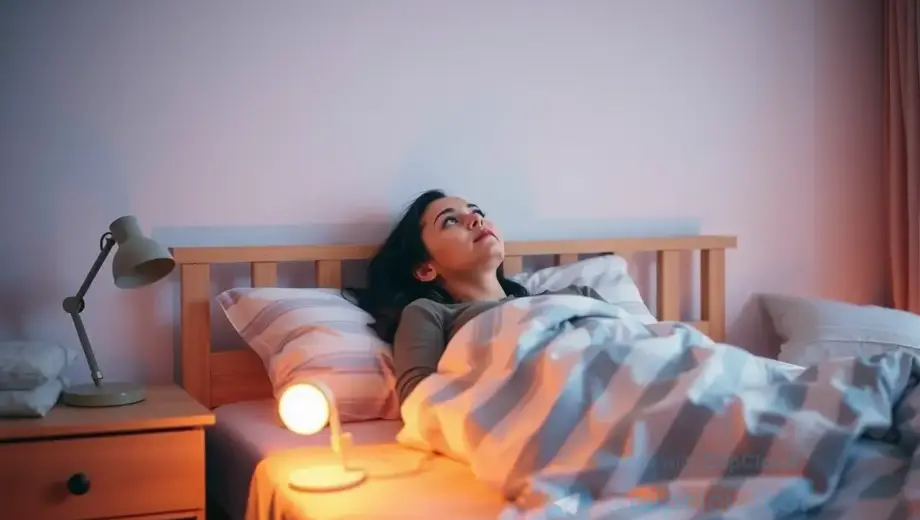 A cozy bedroom interior with a woman lying in bed, looking at the ceiling, soft warm lighting, nightstand with a lamp, subtle details of home comfort, no text or words in the image