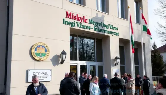 A modern city hall building in Miskolc with the sign "Miskolc Megyei Jogú Város Önkormányzat" visible, people gathered outside for a public meeting, city emblem and Hungarian flag, clean and professional atmosphere