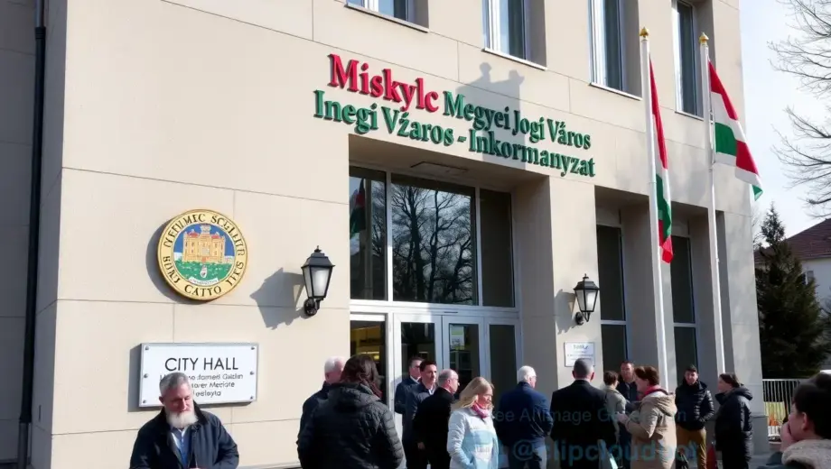 A modern city hall building in Miskolc with the sign "Miskolc Megyei Jogú Város Önkormányzat" visible, people gathered outside for a public meeting, city emblem and Hungarian flag, clean and professional atmosphere