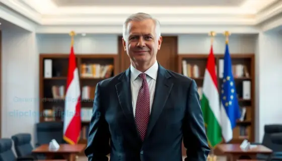 A dignified middle-aged male politician in a formal suit, standing confidently in a modern Hungarian parliamentary office with flags and bookshelves in the background, conveying authority and experience