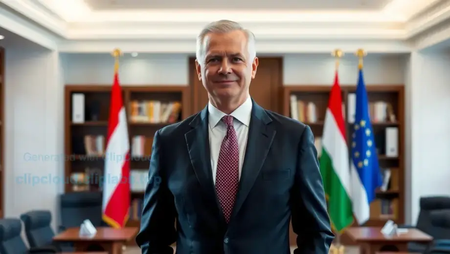 A dignified middle-aged male politician in a formal suit, standing confidently in a modern Hungarian parliamentary office with flags and bookshelves in the background, conveying authority and experience