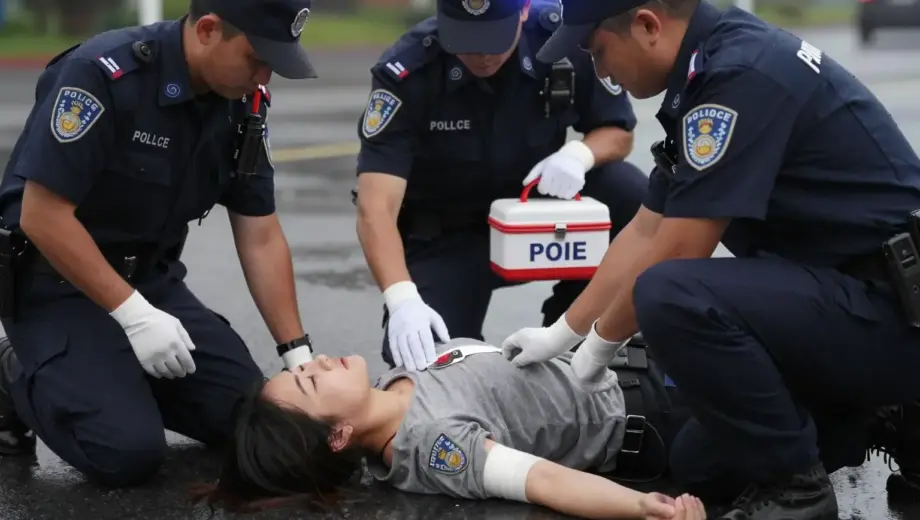 A young woman lying on the ground with a serious injury, surrounded by several police officers in uniform kneeling beside her, one officer applying a bandage to her arm, another holding a medical kit, a third checking her pulse, all showing focused concern, emergency lights reflected on wet pavement, rain droplets visible in air, dramatic lighting emphasizing urgency and compassion, no text or letters on scene