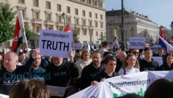 A peaceful outdoor demonstration in a Hungarian city square with people holding signs that read 'Igazságosságért' (For Truth) and 'Függetlenségért' (For Freedom), diverse crowd of men and women of various ages, holding banners and flags, calm and determined expressions, urban background with historic buildings, clear sky, realistic photography style