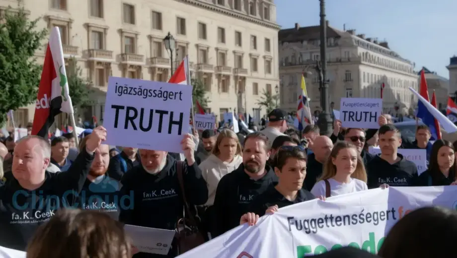 A peaceful outdoor demonstration in a Hungarian city square with people holding signs that read 'Igazságosságért' (For Truth) and 'Függetlenségért' (For Freedom), diverse crowd of men and women of various ages, holding banners and flags, calm and determined expressions, urban background with historic buildings, clear sky, realistic photography style
