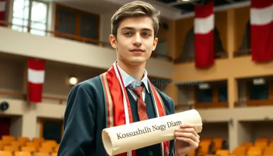 A portrait of a young male student wearing a traditional Hungarian school uniform with a red and white sash, holding a diploma scroll, standing on a stage with a banner that reads 'Kossuth Nagy Diam' in Hungarian, soft lighting, detailed facial expression, background of a school auditorium with Hungarian flags