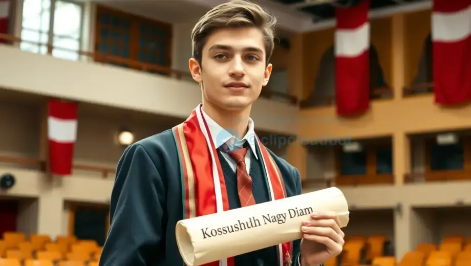 A portrait of a young male student wearing a traditional Hungarian school uniform with a red and white sash, holding a diploma scroll, standing on a stage with a banner that reads 'Kossuth Nagy Diam' in Hungarian, soft lighting, detailed facial expression, background of a school auditorium with Hungarian flags