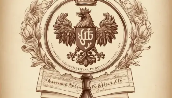 A vintage-style illustration of a traditional Hungarian ink pen and seal, featuring the Hungarian coat of arms subtly integrated into the background, with elegant calligraphic text elements resembling official documents, rendered in soft sepia tones and fine linework to evoke historical bureaucratic documents