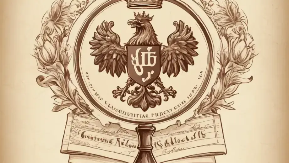 A vintage-style illustration of a traditional Hungarian ink pen and seal, featuring the Hungarian coat of arms subtly integrated into the background, with elegant calligraphic text elements resembling official documents, rendered in soft sepia tones and fine linework to evoke historical bureaucratic documents