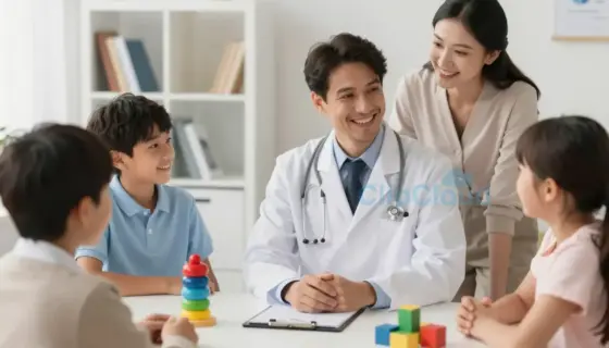 A cheerful child psychiatrist in a bright, welcoming office with colorful toys and books, surrounded by smiling children and supportive families, conveying compassion and hope