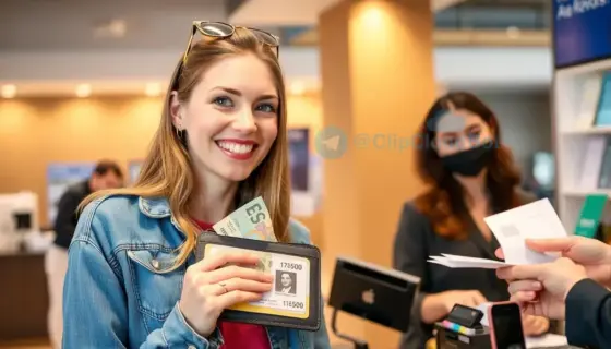 A cheerful young woman holding a wallet with a visible 17500 Ft banknote inside, smiling, with a friendly bank teller handing over a receipt, bright modern bank interior, warm lighting, no text or numbers on the image