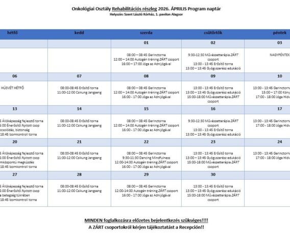 Onkológiai rehabilitációs lehetőségek 2026. áprilisban