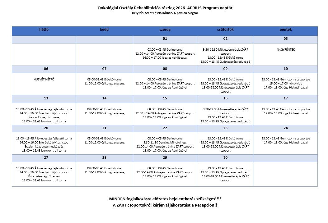 Onkológiai rehabilitációs lehetőségek 2026. áprilisban