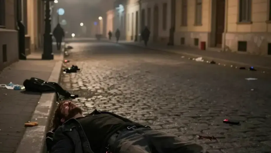 A dramatic, cinematic scene of a Hungarian street in Szamár (a district in Budapest) during a terrifying attack, with a single dead body lying on the cobblestone street, blood stains visible, abandoned belongings scattered, and a dark, ominous atmosphere with smoke and dim lighting from street lamps, showing the aftermath of violence in a realistic urban setting