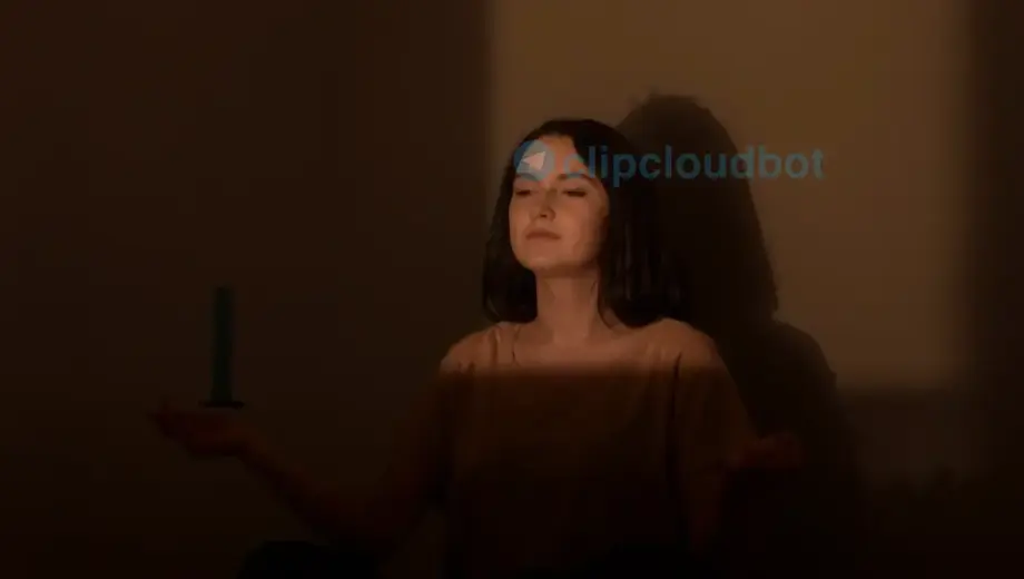 A woman sitting in a dimly lit room, meditating. She is wearing simple, comfortable clothing. A single candle provides the only light source, casting long shadows. The atmosphere is peaceful and serene. Focus on her face and posture, conveying a sense of calm and introspection.