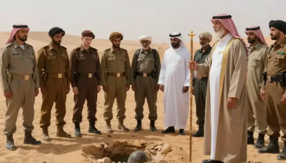 A symbolic scene depicting a regional coalition of diverse Middle Eastern nations uniting in solidarity, with a weary but dignified military force standing down from conflict, and a wise, elderly Sabak leader (a tribal elder figure in traditional desert robes, holding a staff and gazing toward the horizon) discovering a hidden oasis or ancient artifact beneath the sands — all rendered in a serene, epic, and culturally respectful manner, emphasizing peace, wisdom, and renewal after struggle.
