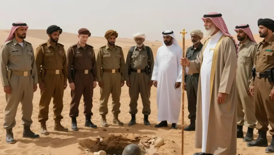 A symbolic scene depicting a regional coalition of diverse Middle Eastern nations uniting in solidarity, with a weary but dignified military force standing down from conflict, and a wise, elderly Sabak leader (a tribal elder figure in traditional desert robes, holding a staff and gazing toward the horizon) discovering a hidden oasis or ancient artifact beneath the sands — all rendered in a serene, epic, and culturally respectful manner, emphasizing peace, wisdom, and renewal after struggle.