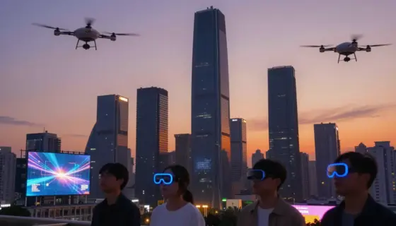 A futuristic city skyline at sunset with sleek glass skyscrapers reflecting orange and purple hues, flying drones and holographic billboards, people using augmented reality glasses, subtle neon accents, high detail, cinematic lighting