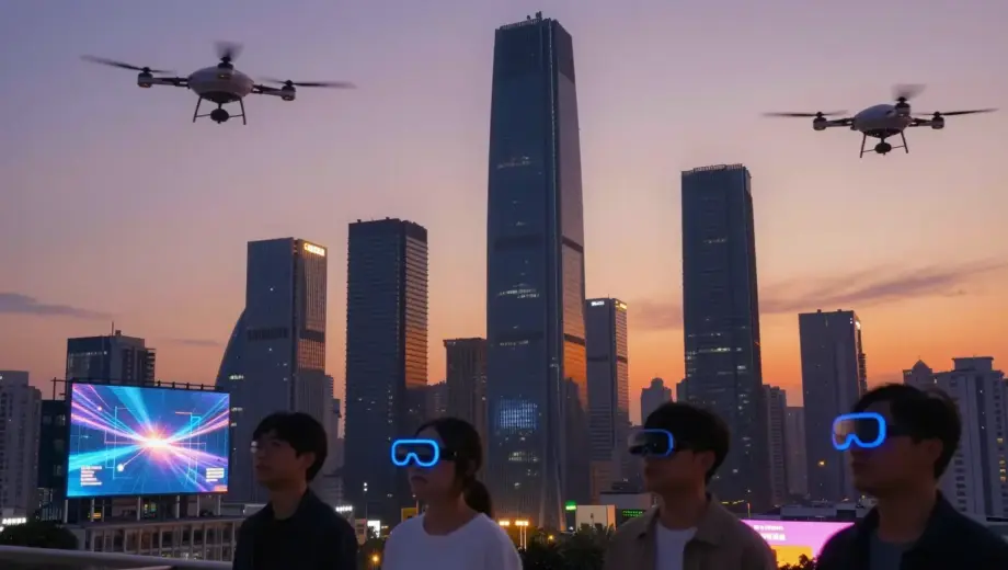 A futuristic city skyline at sunset with sleek glass skyscrapers reflecting orange and purple hues, flying drones and holographic billboards, people using augmented reality glasses, subtle neon accents, high detail, cinematic lighting
