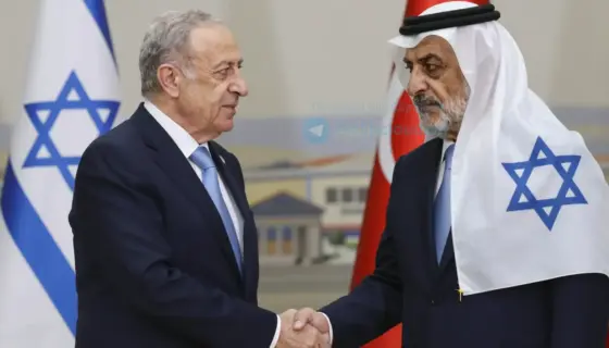 A dramatic depiction of Israeli and Turkish leaders shaking hands, symbolizing reconciliation and cooperation. The background should subtly suggest a neutral location, perhaps a conference hall or a landscape representing both countries. Focus on the expressions of relief and agreement on their faces.