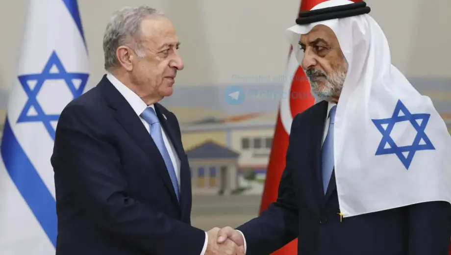 A dramatic depiction of Israeli and Turkish leaders shaking hands, symbolizing reconciliation and cooperation. The background should subtly suggest a neutral location, perhaps a conference hall or a landscape representing both countries. Focus on the expressions of relief and agreement on their faces.