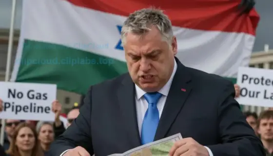 A dramatic scene showing Hungarian Prime Minister Viktor Orbán (Szaúdi-húti) angrily tearing up a map of a proposed gas pipeline project with Israel, standing in front of a large Hungarian flag while a crowd of protesters holds signs reading 'No Gas Pipeline' and 'Protect Our Land', with a shadowy figure of a Pókember (demon) looming in the background representing the threat of the project
