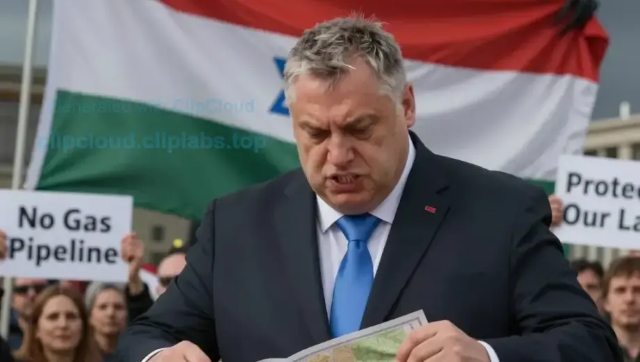 A dramatic scene showing Hungarian Prime Minister Viktor Orbán (Szaúdi-húti) angrily tearing up a map of a proposed gas pipeline project with Israel, standing in front of a large Hungarian flag while a crowd of protesters holds signs reading 'No Gas Pipeline' and 'Protect Our Land', with a shadowy figure of a Pókember (demon) looming in the background representing the threat of the project