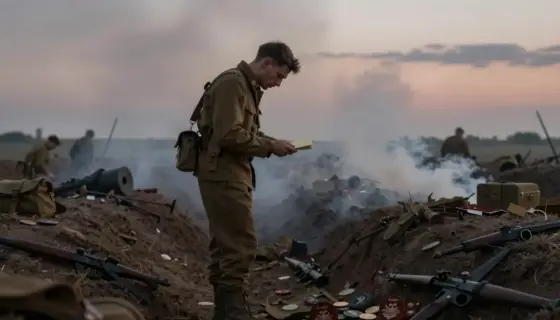 A somber battlefield scene at dusk with smoke rising from distant trenches, a lone soldier in a worn uniform standing with head bowed, holding a folded letter, surrounded by scattered military insignia and broken equipment, muted earth tones with hints of blood-red in the sky, conveying despair and the weight of desertion