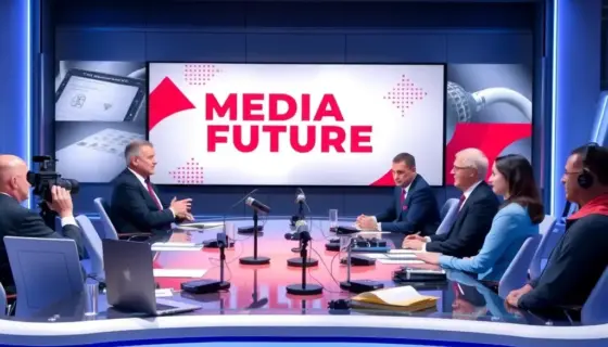 A professional meeting or discussion taking place in a media studio or conference room, featuring journalists, media experts, and possibly a host, with a focus on the topic of media's future, set in August 2024, with modern equipment, microphones, screens displaying relevant graphics, and a serious yet collaborative atmosphere