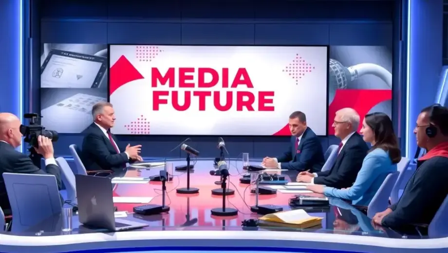 A professional meeting or discussion taking place in a media studio or conference room, featuring journalists, media experts, and possibly a host, with a focus on the topic of media's future, set in August 2024, with modern equipment, microphones, screens displaying relevant graphics, and a serious yet collaborative atmosphere