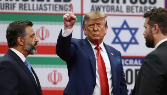 A dramatic political scene showing Donald Trump in a tense confrontation with Iranian officials, featuring a bold 'boss' gesture, with a background of news headlines about Iran and Israel, vibrant colors, dynamic composition, and a sense of urgency