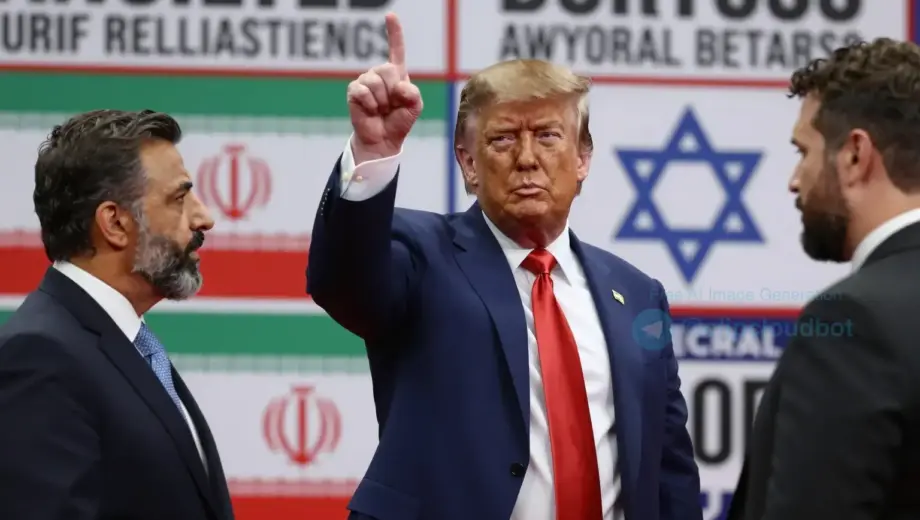 A dramatic political scene showing Donald Trump in a tense confrontation with Iranian officials, featuring a bold 'boss' gesture, with a background of news headlines about Iran and Israel, vibrant colors, dynamic composition, and a sense of urgency