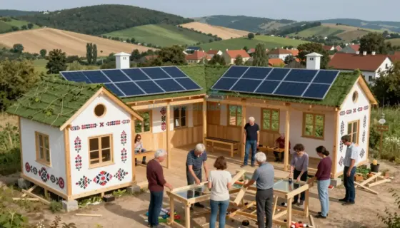 A modern, hopeful scene of a diverse group of people — including elders and youth — collaboratively building a sustainable future from reclaimed materials: wooden beams, recycled glass, and solar panels forming a community center with green roofs and open windows, set in a sunlit Hungarian countryside with rolling hills and traditional folk patterns subtly integrated into the architecture, symbolizing heritage shaping progress