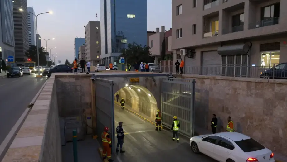A wide-angle view of a modern Iranian cityscape at dusk showing a large underground tunnel entrance being sealed with heavy steel gates and workers in safety gear directing traffic while a rescue team assists civilians near the tunnel mouth