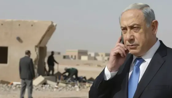 A dramatic scene depicting a broken structure in a Gulf region, with subtle hints of a Syrian incident in the background and a somber portrait of Benjamin Netanyahu receiving bad news, all rendered in a realistic, emotionally charged style without any text or symbols