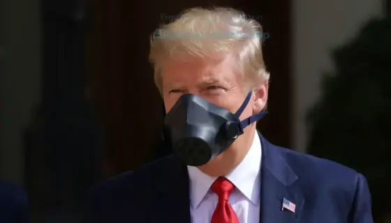 A realistic portrait of a man in a suit entering the White House with a gas mask, conveying tension and seriousness, no text or symbols