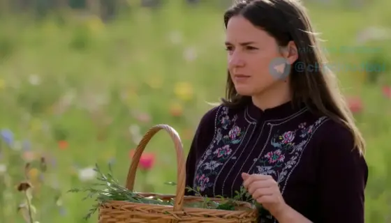 A realistic portrait of a Hungarian woman in her 30s, wearing traditional folk attire with intricate embroidery, standing in a sunlit field of wildflowers, holding a woven basket of herbs, soft natural lighting, shallow depth of field, detailed facial expression showing contemplation