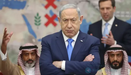 A dramatic political scene featuring Israeli Prime Minister Benjamin Netanyahu standing firmly with arms crossed, symbolizing resistance to peace efforts; in the background, a blurred map of the Middle East with red 'X' marks over peace negotiation symbols like olive branches and handshakes; to the side, U.S. Senator J.D. Vance with a flushed, angry expression, gesturing emphatically as if denouncing diplomacy; in the foreground, a Middle Eastern tribal leader in traditional robes raising one ha