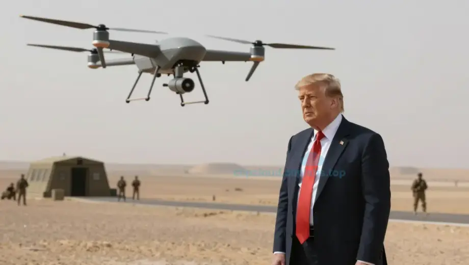 A dramatic scene showing former U.S. President Donald Trump standing near a military outpost in a Middle Eastern desert landscape, with a small drone hovering in the sky above and distant figures of Hezbollah fighters visible on the horizon, tense atmosphere, overcast sky, realistic lighting, no text or symbols