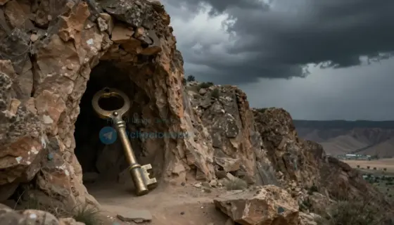 A dramatic scene showing a hidden cave entrance on Csákány-hegy mountain in Iran, with a mysterious key or ancient artifact partially visible, surrounded by dramatic cliffs and a stormy sky, hinting at a secret treasure or hidden passage