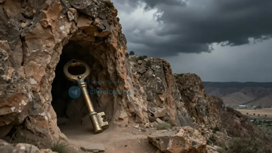 A dramatic scene showing a hidden cave entrance on Csákány-hegy mountain in Iran, with a mysterious key or ancient artifact partially visible, surrounded by dramatic cliffs and a stormy sky, hinting at a secret treasure or hidden passage